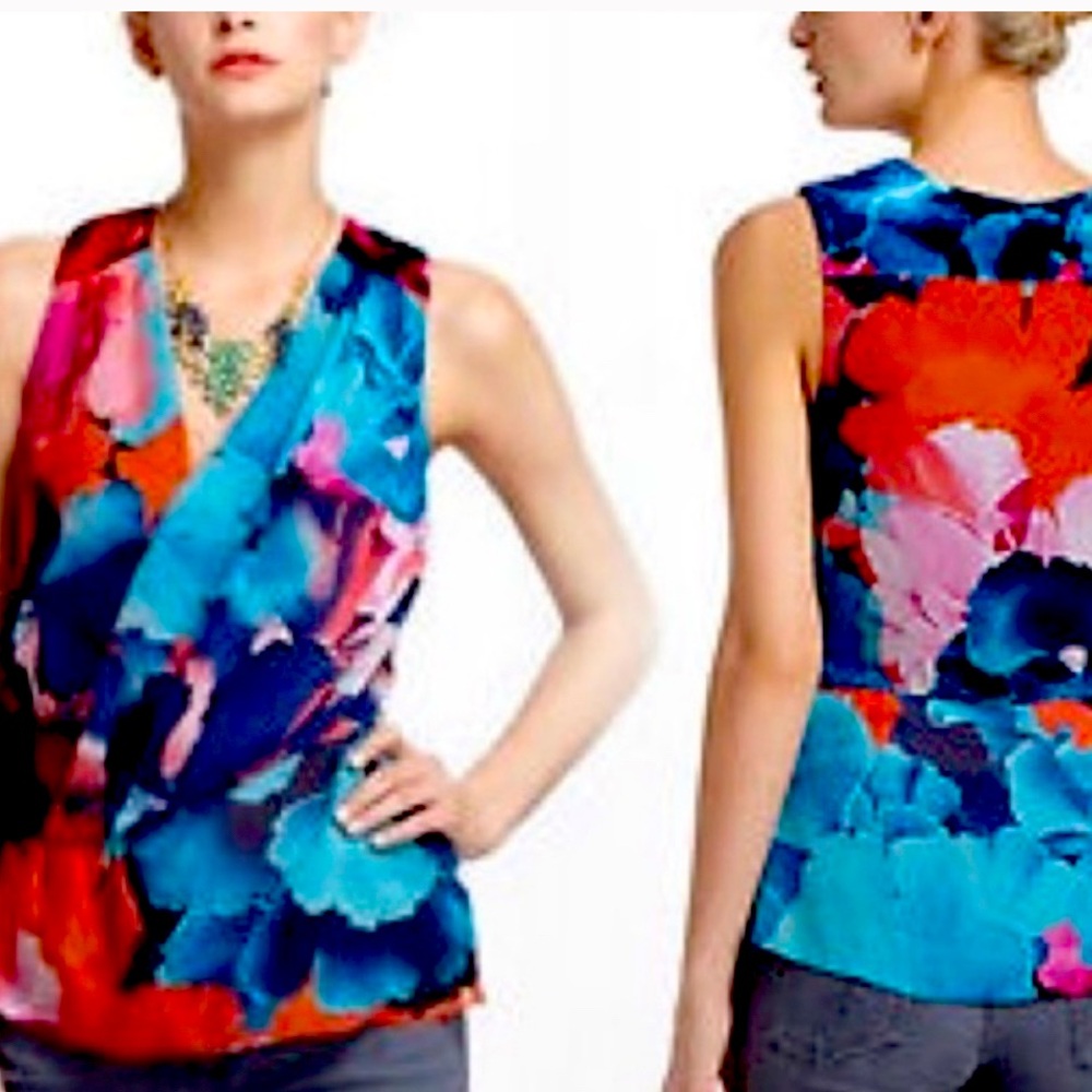 Anthropologie Leifsdottir Silk and Velvet Wrap Top Floral Sleeveless Multicolor